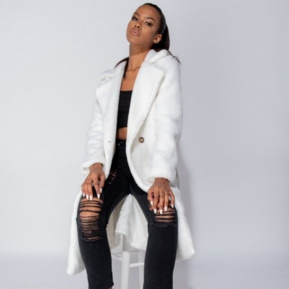 White Long Sleeve Double Breasted Loose Fit Long Maxi Teddy Bear Fur Coat - Picture 10 of 16